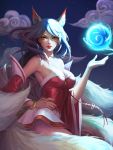  1girl ahri animal_ears bare_shoulders breasts casasak cleavage clouds detached_sleeves fox_ears fox_girl fox_tail korean_clothes league_of_legends lipstick long_hair looking_at_viewer makeup medium_breasts nail_polish night orb parted_lips red_nails solo tail whisker_markings yellow_eyes 