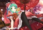  1girl absurdres bangs black_legwear blunt_bangs breasts cake cherry_blossoms dress eating eyebrows_visible_through_hair food frilled_dress frills front_ponytail green_eyes green_hair hair_ribbon highres holding holding_food kagiyama_hina long_hair looking_at_viewer medium_breasts oriental_umbrella outdoors panties panties_under_pantyhose pantyhose pantyshot pantyshot_(sitting) puffy_short_sleeves puffy_sleeves red_dress red_ribbon ribbon short_sleeves sitting solo spirtie swiss_roll touhou tree umbrella underwear wrist_cuffs 