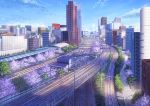  blurry brand_name_imitation building cherry_blossoms cityscape clouds commentary_request day niko_p no_humans original railroad_tracks real_world_location revision road scenery shadow shinjuku sky spring_(season) street tokyo_(city) train_station tree 