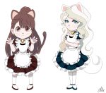  2girls :3 animal_ears apron artist_name bell bell_collar blue_eyes brown_eyes brown_hair chibi collar crossed_arms diana_cavendish eliln frown highres kagari_atsuko little_witch_academia long_hair maid maid_apron multiple_girls signature simple_background tagme tail whiskers white_background white_hair white_legwear 