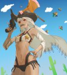  1girl altera_(fate) axe bare_shoulders breasts cactus clouds commentary_request cowboy_hat dark_skin detached_sleeves facial_hair fate/grand_order fate_(series) gun handgun hat huke mustache nail_polish navel red_eyes revolver saint_quartz sheriff_badge small_breasts solo star veil weapon white_hair 