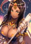  1girl backlighting bead_necklace beads black_hair breasts circlet dark_skin fate/grand_order fate_(series) forehead_jewel green_eyes highres jewelry kurono_kito large_breasts long_hair looking_at_viewer necklace revision scheherazade_(fate/grand_order) smile solo staff tiara 