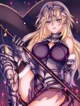  1girl armor blonde_hair blue_eyes breasts cleavage closed_mouth eyebrows_visible_through_hair fate/grand_order fate_(series) flag headpiece highres holding_flag large_breasts long_hair looking_at_viewer ruler_(fate/apocrypha) smile solo xuobian_de_dan_youdian_yang 