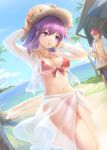  1boy 1girl abs arms_up bangs beach breasts brown_bikini brown_eyes cup day dutch_angle emiya_shirou erect_nipples eyebrows_visible_through_hair fate/stay_night fate_(series) front-tie_bikini front-tie_top hair_between_eyes hat highres holding holding_cup hood hoodie long_hair matou_sakura medium_breasts navel ocean open_clothes open_hoodie outdoors palm_tree parted_lips purple_hair redhead sarong sayika see-through sidelocks solo_focus standing straw_hat sun_hat swim_trunks thighs tree umbrella 