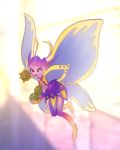  1girl antennae artist_name blush bomb boots fairy fairy_wings highres lailyu paladins pantyhose pink_skin pointy_ears solo teeth willo_(paladins) wings yellow_eyes 