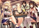  1boy 3girls :d alcohol bangs bare_shoulders beer beer_mug black_gloves black_hair blonde_hair blue_eyes breasts brown_eyes cleavage copyright_request detached_sleeves elbow_gloves froth gloves gun hair_ribbon handgun holding holding_gun holding_weapon holster large_breasts legs_crossed long_hair maid maid_headdress moneti_(daifuku) multiple_girls neck_ribbon novel_illustration official_art open_mouth parted_lips pistol puffy_short_sleeves puffy_sleeves red_scarf ribbon robe scarf short_sleeves silver_hair sitting smile table thigh-highs thigh_holster twintails very_long_hair weapon white_legwear wide_sleeves yellow_eyes 