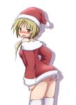  1girl ass bare_shoulders blonde_hair blush breasts cowboy_shot dress embarrassed eyebrows_visible_through_hair from_behind hat ichii_yui leaning_forward long_hair long_sleeves looking_at_viewer looking_back mel_(melty_pot) open_mouth panties pantyshot red_hat santa_hat shadow sidelocks simple_background small_breasts solo standing strapless strapless_dress thigh-highs twintails underwear white_background white_legwear white_panties yellow_eyes yuyushiki 