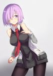  a_childish between_breasts black_dress black_legwear breasts dress fate/grand_order fate_(series) hair_over_one_eye hand_on_own_chest highres jacket necktie necktie_between_breasts off-shoulder_sweater pantyhose purple_hair red_necktie shielder_(fate/grand_order) short_hair sweater violet_eyes 