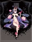  108_gou 1girl bangs bare_shoulders black_hair blush breasts cup eyebrows_visible_through_hair fate_(series) full_body headpiece highres holding horns japanese_clothes knee_up lily_pad looking_at_viewer navel oni oni_horns parted_lips pouring revealing_clothes sakazuki shawl short_hair shuten_douji_(fate/grand_order) sitting small_breasts smile solo thick_eyebrows toeless_legwear violet_eyes 