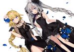 2girls :d black_dress black_gloves black_legwear blonde_hair blue_eyes blush braid breasts choker cleavage closed_mouth covered_navel detached_collar dress drill_hair dutch_angle fate/grand_order fate_(series) flower gloves grey_hair hair_flower hair_ornament half_gloves highres jewelry large_breasts long_hair marie_antoinette_(fate/grand_order) medium_breasts multiple_girls necklace nove_(legge) open_mouth pendant petals ruler_(fate/apocrypha) side_slit simple_background single_braid smile thigh-highs twin_drills twintails very_long_hair white_background 