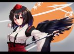  1girl absurdres bird_wings black_hair black_wings breasts hair_between_eyes hat highres holding holding_sword holding_weapon japanese_clothes katana kourindou_tengu_costume letterboxed long_sleeves looking_at_viewer medium_breasts obi parted_lips red_eyes sash shameimaru_aya sheath short_hair solo sword tokin_hat touhou unsheathing upper_body weapon wide_sleeves wings yusake_san 