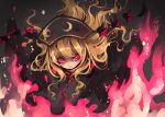  1girl black_dress black_hat blonde_hair crescent dress fire hat highres junko_(touhou) long_hair looking_at_viewer pink_eyes solo tabard tassel touhou toutenkou wavy_hair 