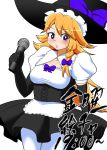  1girl absurdres akane_(cookie) black_gloves black_hat blonde_hair blue_bow blush bow breasts cleavage closed_mouth cookie_(touhou) elbow_gloves eyebrows_visible_through_hair gloves hair_bow hat hat_bow highres holding holding_microphone kirisame_marisa large_breasts long_hair looking_at_viewer microphone pantyhose puffy_short_sleeves puffy_sleeves short_sleeves solo suyarou sweat translation_request white_legwear witch_hat 