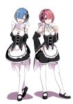  10s 2girls :d ^_^ apron arms_behind_back blue_hair breasts cleavage closed_eyes cosmicsnic detached_sleeves hair_over_one_eye hand_on_hip highres looking_at_viewer maid maid_apron maid_headdress mary_janes multiple_girls open_mouth orange_eyes pantyhose ram_(re:zero) re:zero_kara_hajimeru_isekai_seikatsu redhead rem_(re:zero) shoes short_hair simple_background smile white_background white_legwear 