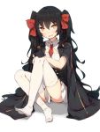  1girl :d black_gloves black_hair cape eyebrows_visible_through_hair full_body girls_frontline gloves hair_between_eyes hair_ribbon highres long_hair looking_at_viewer mini_necktie no_shoes open_mouth qbz-97_(girls_frontline) ribbon shone simple_background sitting skirt smile solo thigh-highs twintails very_long_hair white_background white_legwear white_skirt yellow_eyes 