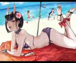  4girls :d ass barefoot beach bikini black_hair blindfold blonde_hair breasts cleavage fate/grand_order fate_(series) feet flower food fruit hair_flower hair_ornament horns ibaraki_douji_(fate/grand_order) long_hair looking_at_viewer lying minamoto_no_raikou_(fate/grand_order) mordred_(swimsuit_rider)_(fate) multiple_girls ocean on_stomach one-piece_swimsuit oni open_mouth osakana_(denpa_yun&#039;yun) pink_swimsuit purple_bikini purple_hair saber_of_red shuten_douji_(fate/grand_order) smile soles sunglasses sunglasses_on_head surfboard surfing swimsuit teeth toes tongue violet_eyes watermelon 
