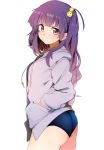  &gt;:/ 1girl :/ absurdres bangs blunt_bangs blush buruma closed_mouth commentary_request cowboy_shot from_side hair_ornament hand_in_pocket highres hood hoodie kazenoko long_hair long_sleeves looking_at_viewer looking_to_the_side one_side_up open_clothes open_hoodie original purple_hair red_eyes smiley_face solo 