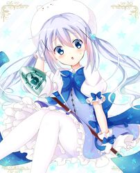  1girl animal animal_on_head blue_bow blue_bowtie blue_dress blue_eyes blush bow bowtie breasts bunny_on_head dress floating_hair gloves gochuumon_wa_usagi_desu_ka? hair_between_eyes hair_ornament hand_in_hair holding holding_staff kafuu_chino long_hair magical_girl on_head open_mouth pantyhose pinafore_dress rabbit shirt short_dress short_sleeves silver_hair solo staff sweatdrop very_long_hair white_gloves white_legwear white_shirt yasuda_rikka 