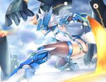  1girl animal_ears ass bad_perspective black_gloves black_legwear deep_wound energy_blade fighting full_body gloves helmet hoshara injury long_hair mecha_musume monster original spiky_hair tail thigh-highs thighs weapon white_hair wolf_ears wolf_tail yellow_eyes 