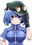  1girl bangs black_gloves blue_eyes blue_hair breasts closed_mouth gloves goggles goggles_on_headwear green_hat hair_bobbles hair_ornament hat highres kawashiro_nitori key large_breasts looking_at_viewer rihito_(usazukin) short_sleeves simple_background smile solo touhou turtleneck two_side_up white_background zipper 