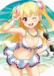  1girl ;d beach bikini blonde_hair breasts cleavage collarbone commentary_request earrings highres holding jewelry leaning_forward long_hair looking_at_viewer maccha microphone nail_polish navel necklace ocean one_eye_closed open_mouth polka_dot polka_dot_bikini red_eyes smile solo swimsuit tokyo_7th_sisters two_side_up uesugi_u_kyouko 