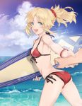  1girl ass bikini blonde_hair clouds cowboy_shot day dragging fate/apocrypha fate/grand_order fate_(series) front-tie_top green_eyes hair_ornament hair_scrunchie highres horizon long_hair mordred_(swimsuit_rider)_(fate) ocean okchoko outdoors ponytail pov red_bikini saber_of_red scrunchie side-tie_bikini sky solo_focus surfboard swimsuit water 