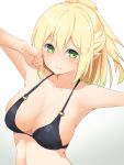  1girl alternate_costume armpits black_bikini_top blonde_hair blush breasts cleavage closed_mouth collarbone frown green_eyes hair_between_eyes half_updo long_hair looking_at_viewer medium_breasts mizuhashi_parsee outstretched_arms solo spread_arms touhou yusake_san 