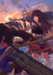  2girls :d akagi_(kantai_collection) black_hair brown_eyes brown_gloves day floating_hair gloves japanese_clothes kaga_(kantai_collection) kantai_collection kimono lanlanlu_(809930257) long_hair multiple_girls open_mouth ored_skirt outdoors outstretched_arm pleated_skirt ponytail skirt sky smile standing thigh-highs very_long_hair white_kimono white_legwear 