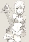  1girl 6u_(eternal_land) artoria_pendragon_(all) blush breasts character_request cleavage fate_(series) food french_fries groin hamburger maid_headdress maid_swimsuit medium_breasts navel saber short_hair solo thigh-highs thighs tray 