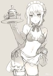  1girl 6u_(eternal_land) artoria_pendragon_(all) blush breasts character_request cleavage fate_(series) food french_fries groin hamburger maid_headdress maid_swimsuit medium_breasts navel saber short_hair solo thigh-highs thighs tray 