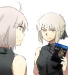  2girls ahoge artoria_pendragon_(all) bangs blonde_hair braid closed_mouth dark_souls eyebrows_visible_through_hair fate/grand_order fate_(series) french_braid grey_hair grin holding jeanne_alter looking_at_another multiple_girls nanaya_(daaijianglin) parted_lips ruler_(fate/apocrypha) saber_alter shirt sidelocks simple_background sleeveless sleeveless_shirt smile souls_(from_software) sweatdrop upper_body white_background yellow_eyes 