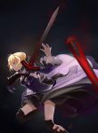  1girl absurdres armor artoria_pendragon_(all) blonde_hair breasts cleavage fate/grand_order fate_(series) highres holding holding_sword holding_weapon iron_(2486886134) large_breasts looking_away saber_alter short_hair solo sword weapon yellow_eyes 