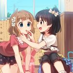  2girls all_fours black_hair blue_eyes blush brown_eyes brown_hair eyebrows_visible_through_hair flower hair_flower hair_ornament idolmaster idolmaster_million_live! jewelry kamille_(vcx68) lipstick_tube looking_at_another multiple_girls nakatani_iku necklace open_mouth parted_lips short_hair sitting smile suou_momoko 