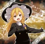  1girl black_gloves black_hat blonde_hair blush brown_eyes cookie_(touhou) eyebrows_visible_through_hair gloves hand_on_own_chest hat kirisame_marisa long_hair looking_at_viewer marine_(46586031) musical_note open_mouth rei_(cookie) smile solo staff_(music) touhou witch_hat 