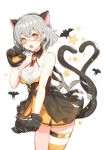  1girl animal_ears bangs bare_shoulders bat blush breasts brown_eyes cat_ears cat_tail cleavage collarbone cowboy_shot dress earrings eyebrows_visible_through_hair fang girls_frontline grey_hair hair_between_eyes hairband hand_up highres jewelry looking_at_viewer medium_breasts multiple_tails open_mouth orange_dress orange_legwear paw_pose paws ronopu short_hair silver_hair simple_background single_thighhigh solo star starry_background tail tdi_vector_(girls_frontline) thigh-highs thigh_strap two_tails white_background 