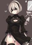  1girl black_dress blindfold breasts butterfly cleavage cosmicsnic dress hair_over_one_eye highres holding mole mole_under_mouth nier_(series) nier_automata parted_lips pod_(nier_automata) silver_hair sweat sword weapon yorha_no._2_type_b 