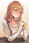  1girl alcohol artist_name beer blush brown_hair collarbone drunk eyebrows eyebrows_visible_through_hair girls_frontline green_eyes hair_between_eyes hiccup highres m1903_springfield_(girls_frontline) snowru solo 