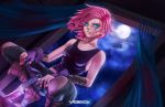 1girl artist_name bandage blood blood_on_face blue_eyes boots clouds dagger fingerless_gloves gloves highres maeve_(paladins) moon nail_polish night night_sky paladins pink_hair sky vocox weapon window 