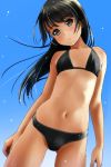  1girl :o arms_at_sides bangs bare_arms bare_shoulders bikini black_bikini black_hairband blue_sky blush breasts brown_hair collarbone cowboy_shot day eyebrows_visible_through_hair fingernails gluteal_fold hairband head_tilt highres legs_apart long_hair looking_at_viewer matsunaga_kouyou midriff navel open_mouth original outdoors sky small_breasts solo standing stomach strap_gap swimsuit water_drop wet 