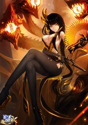  1girl absurdres black_hair black_legwear breasts center_opening cleavage dragon dress elbow_gloves fan gloves gun hanshu highres kangxi_(moeoh_ex) large_breasts legs legs_crossed long_hair long_legs moeoh_ex open-back_dress orange_eyes pantyhose sideboob sitting solo thighs weapon 