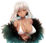  1girl bikini blush breasts closed_mouth dark_skin fur_trim highres kanzaki_maguro large_breasts looking_at_viewer muginami o-ring o-ring_top original revision short_hair simple_background sketch smile solo swimsuit white_background white_bikini white_bikini_top white_hair 