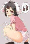  1girl aika_(cookie) animal_ears ass black_hair blush bunny_tail cookie_(touhou) inaba_tewi looking_at_viewer marine_(46586031) open_mouth panties rabbit_ears red_eyes short_hair short_sleeves smile solo speech_bubble tail touhou underwear white_legwear white_panties 