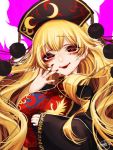  1girl bangs blonde_hair breasts chinese_clothes closed_mouth crescent hat junko_(touhou) large_breasts lipstick long_hair long_sleeves looking_at_viewer makeup mokokiyo_(asaddr) nail_polish red_eyes red_lipstick red_nails smile solo tabard touhou upper_body wide_sleeves 