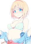  1girl alice_margatroid artist_name bangs blonde_hair blue_bra blue_eyes blush bow bow_bra bra breasts closed_mouth clothes_down commentary_request dated eyebrows_visible_through_hair hairband medium_breasts navel nirap pink_bow red_hairband sash short_hair simple_background solo stomach tears touhou underwear upper_body white_background 