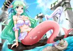  1girl green_eyes green_hair harp instrument jewelry long_hair mermaid minato_yoshihiro monster_girl navel necklace original shell smile solo very_long_hair water 