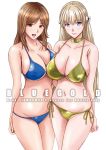  2girls bangs bikini blonde_hair blue_bikini blue_eyes bow breast_press breasts brown_eyes brown_hair choker cleavage cover cover_page doujin_cover gold_bikini hair_bow ishihara_souka large_breasts lips mariana_princilla misaki_nagisa multiple_girls navel parted_bangs reco_love side-tie_bikini strap_gap swimsuit under_boob white_background 