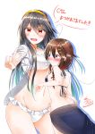  2girls :d absurdres ahoge between_breasts black_hair blue_eyes blush brown_hair commentary hair_flaps hair_ornament hairband hairclip haruna_(kantai_collection) head_between_breasts heart_ahoge highres kantai_collection multiple_girls namikawa_kuroha navel open_mouth orange_eyes remodel_(kantai_collection) shigure_(kantai_collection) signature smile swimsuit translated twitter_username v 