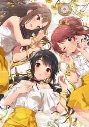  3girls bare_shoulders black_hair blush brown_eyes brown_hair flower hair_ribbon highres idolmaster idolmaster_cinderella_girls long_hair looking_at_viewer lying mellow_yellow mizumoto_yukari multiple_girls nail_polish nakano_yuka ok_sign on_back one_eye_closed open_mouth ponytail ribbon shiina_noriko shirt skirt sleeveless sleeveless_shirt smile sonsoso twintails violet_eyes white_shirt yellow_ribbon yellow_skirt 