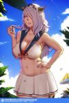  1girl beach breasts camilla_(fire_emblem_if) cleavage dat erica_june_lahaie fire_emblem fire_emblem_heroes fire_emblem_if hair_over_one_eye large_breasts long_hair looking_at_viewer purple_hair sky solo swimsuit very_long_hair violet_eyes wavy_hair 