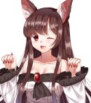  1girl absurdres animal_ears breasts brooch brown_hair cleavage collarbone dress fang gem_oblivion highres imaizumi_kagerou jewelry long_hair long_sleeves medium_breasts nail_polish one_eye_closed open_mouth red_eyes red_nails simple_background solo touhou white_background wide_sleeves wolf_ears 